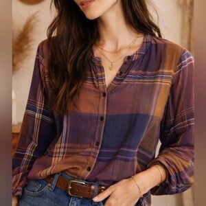 Madewell Beacon Faded Eggplant Blue  Brown Plaid Button-Down Boho/ Western
